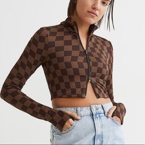 H&M Brown Checkered Cropped Zip Up